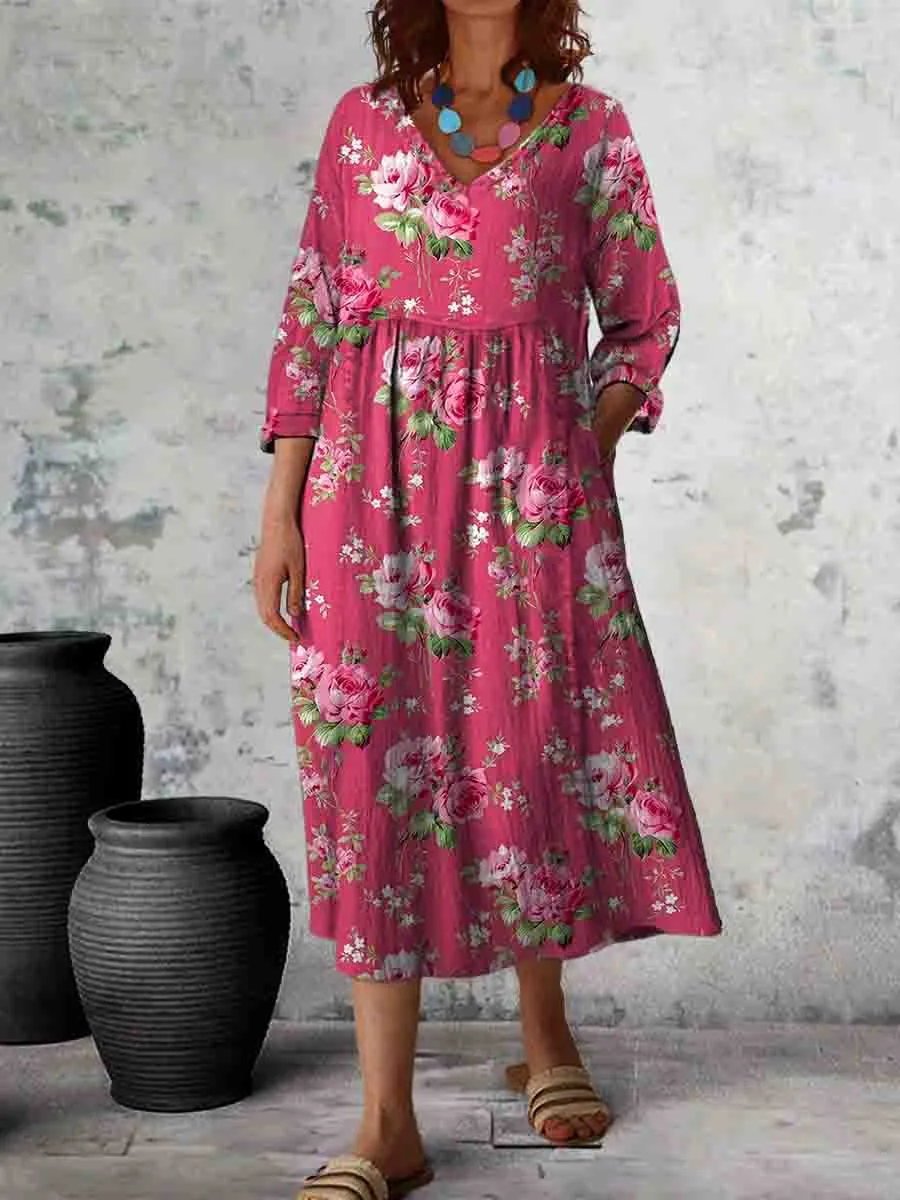 Women Floral Print V Neck Long Sleeve Cotton Pocket Dress