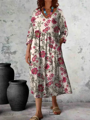 Women Floral Print V Neck Long Sleeve Cotton Pocket Dress