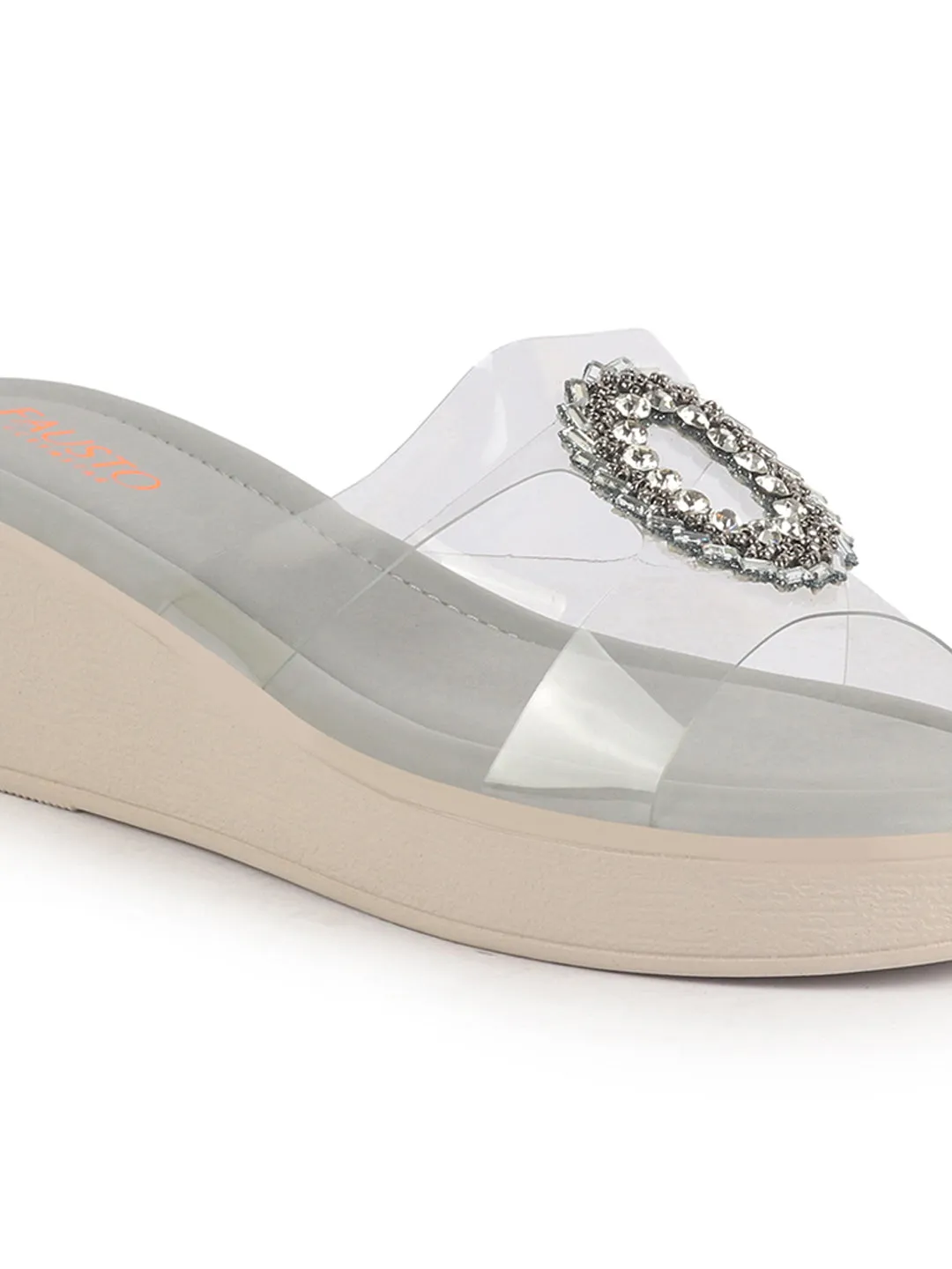 Women Grey Open Toe Transparent Strap with Ring Buckle Height Enhancer Slip On Wedges|Sandals for Work|Office Wear