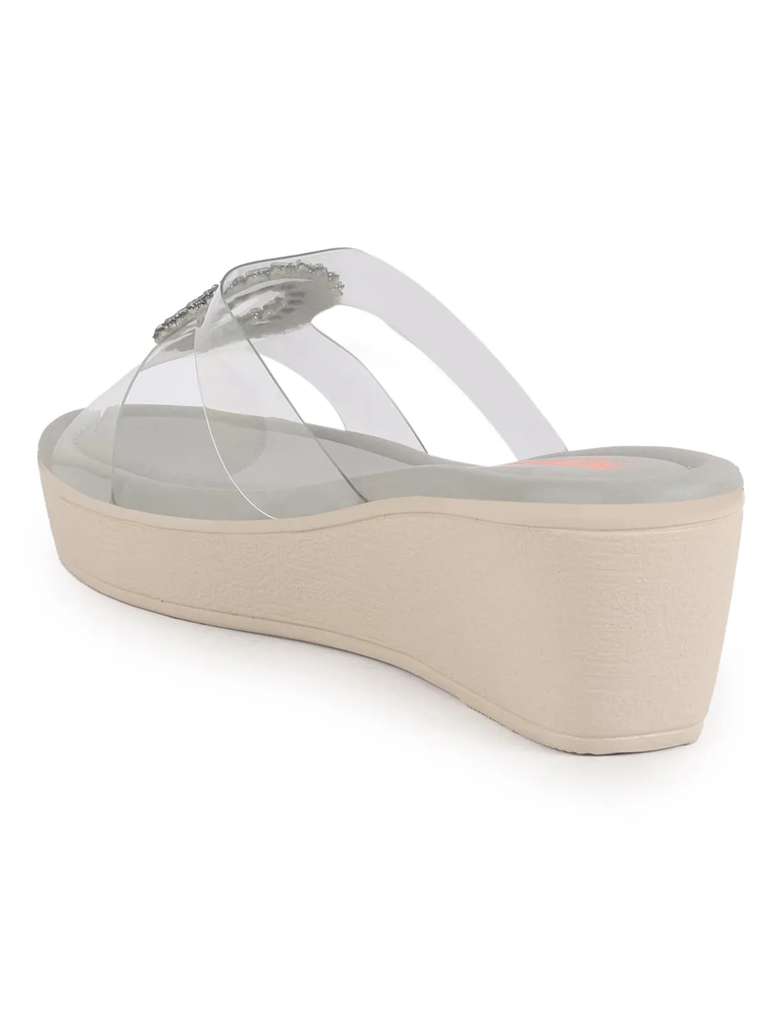 Women Grey Open Toe Transparent Strap with Ring Buckle Height Enhancer Slip On Wedges|Sandals for Work|Office Wear