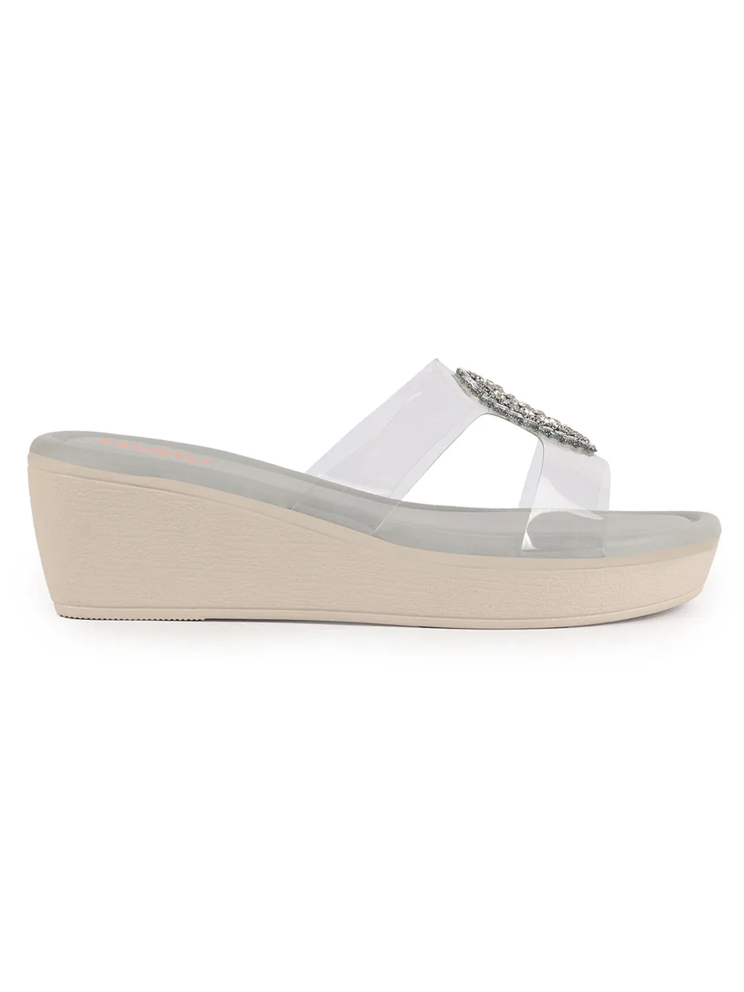 Women Grey Open Toe Transparent Strap with Ring Buckle Height Enhancer Slip On Wedges|Sandals for Work|Office Wear