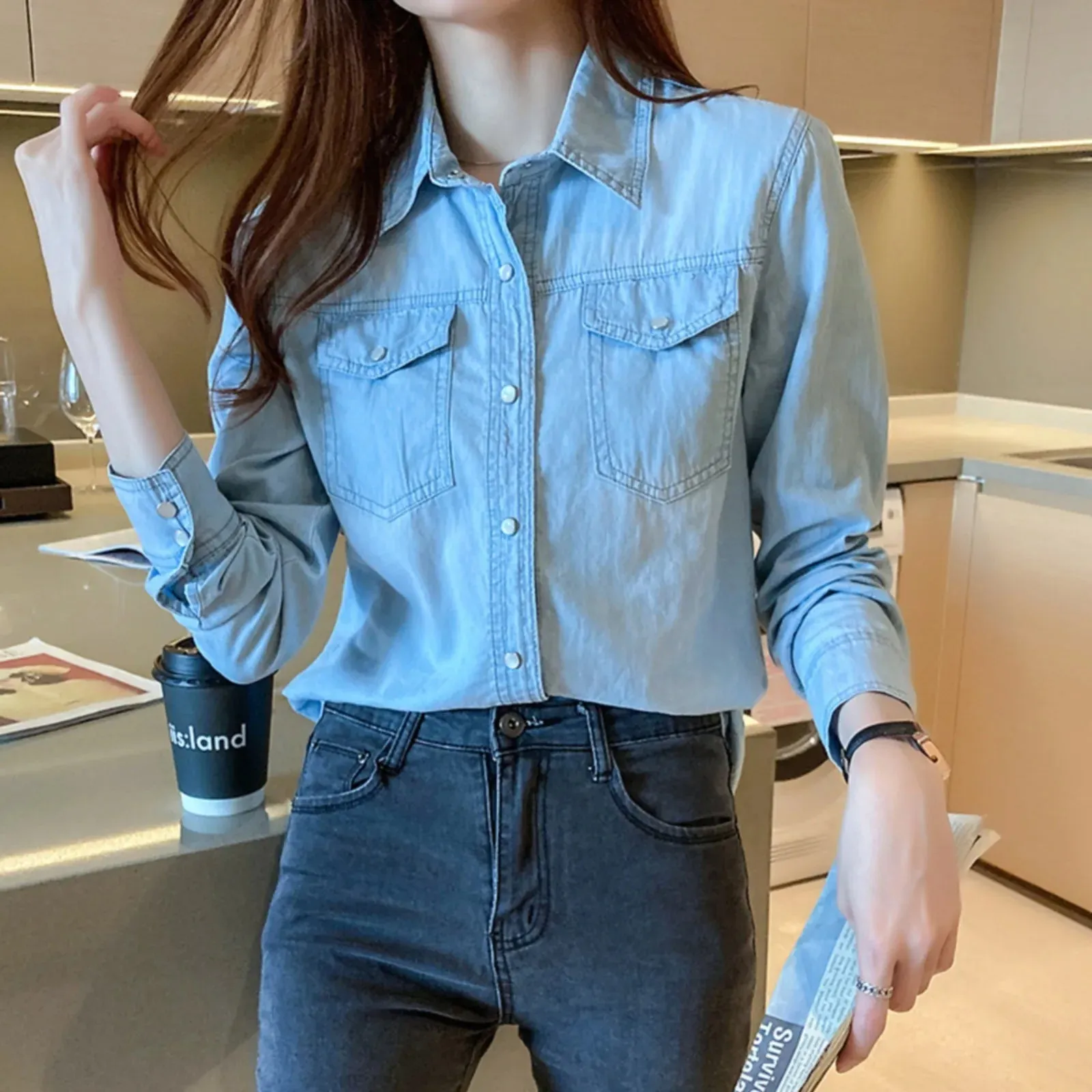 Women Long Sleeve Denim Shirt Single Breasted Korean Style Blouse Women With Pockets Loose Lapel Curved Hem Tops Spring Autumn