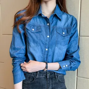 Women Long Sleeve Denim Shirt Single Breasted Korean Style Blouse Women With Pockets Loose Lapel Curved Hem Tops Spring Autumn