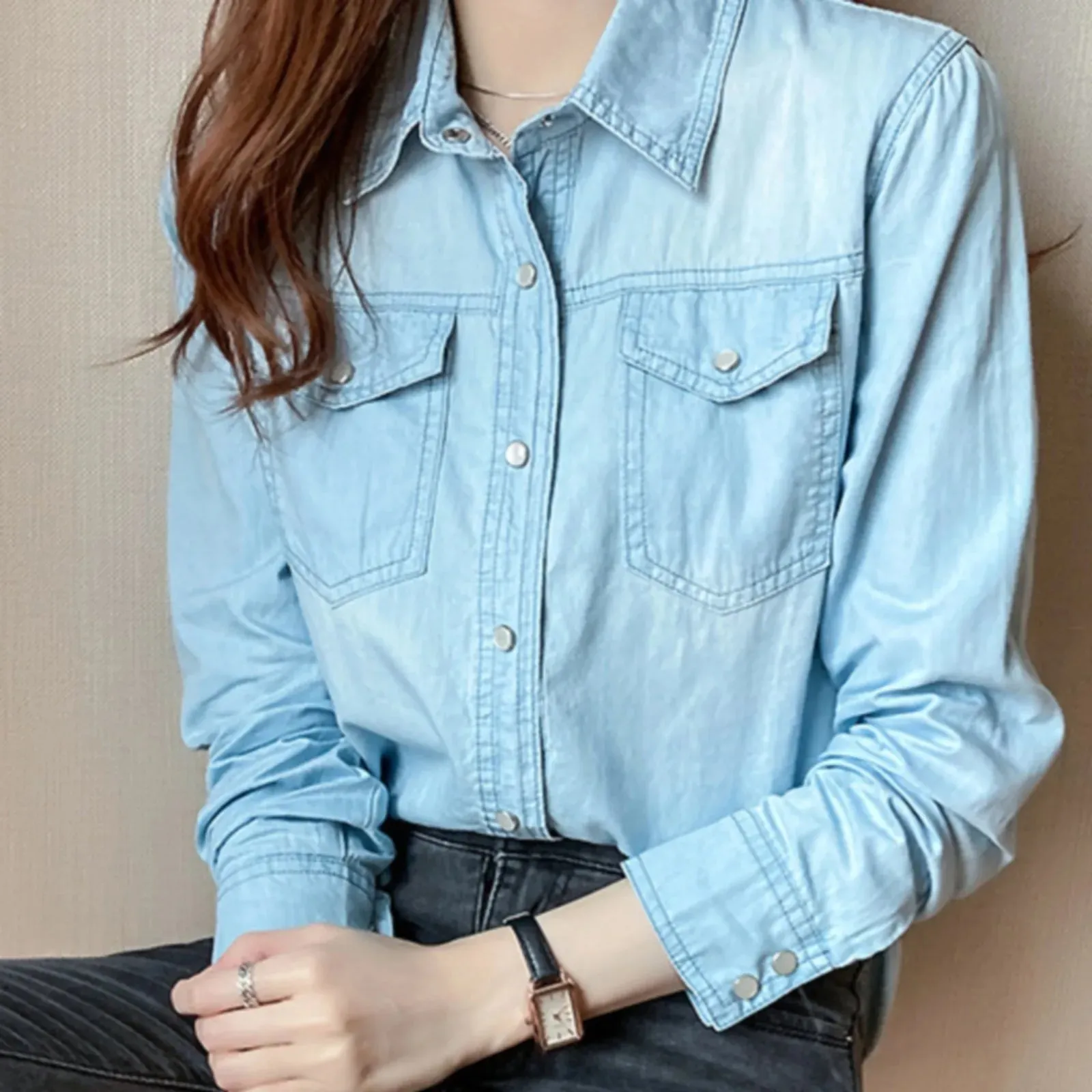 Women Long Sleeve Denim Shirt Single Breasted Korean Style Blouse Women With Pockets Loose Lapel Curved Hem Tops Spring Autumn