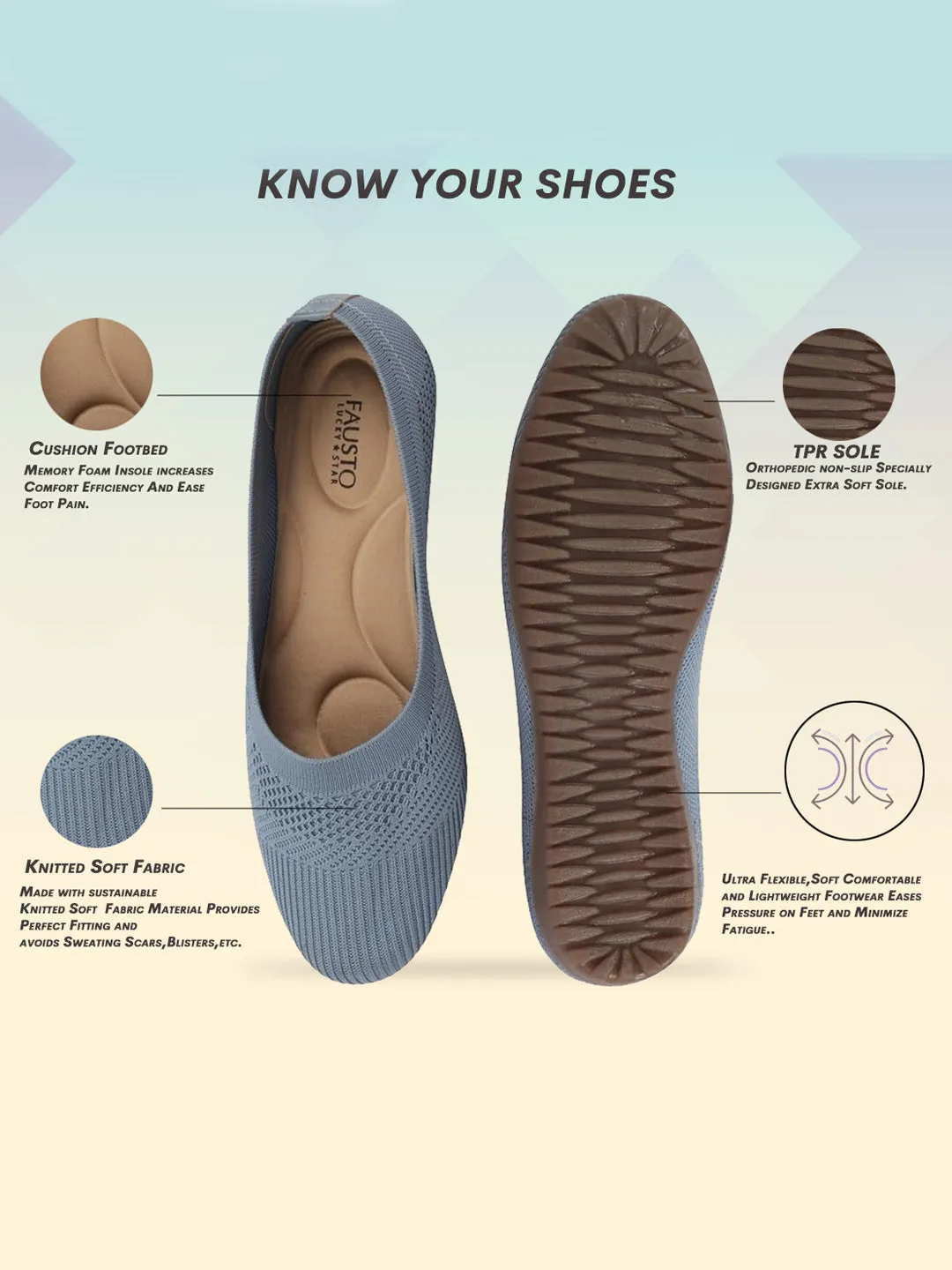 Women Sky Blue Athleisure Active Wear Knitted Soft Fabric Slip On Flat Ballerina Shoes For Walking