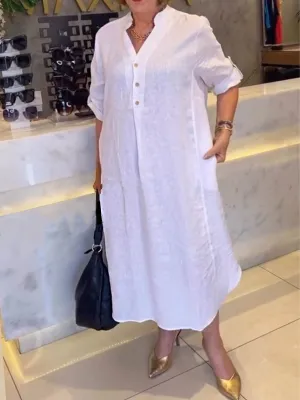 Women Solid Color Lock Collar 3/4 Sleeves Pockets Casual Linen Dress