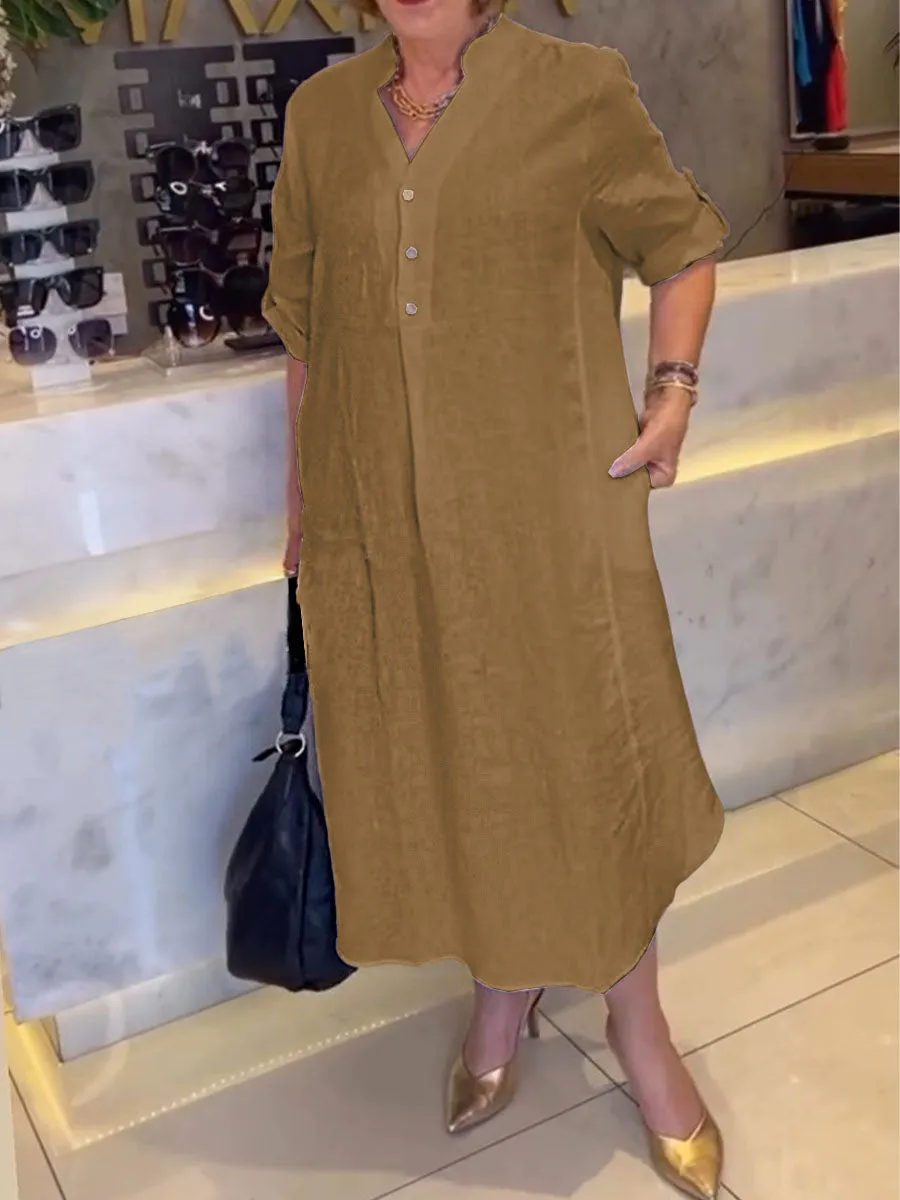 Women Solid Color Lock Collar 3/4 Sleeves Pockets Casual Linen Dress