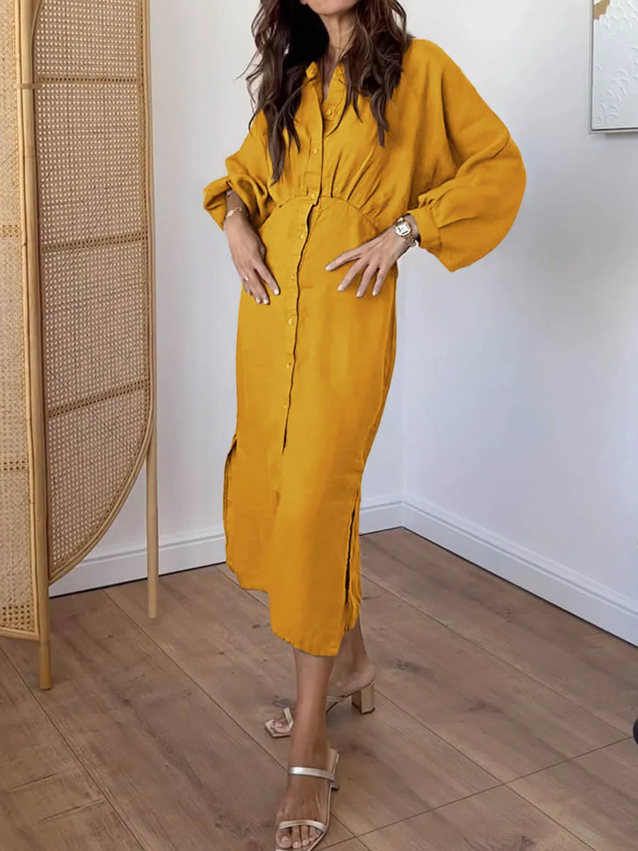 Women Solid Color Shirt Collar Batwing Sleeve Tie Casual Pocket Linen Dress