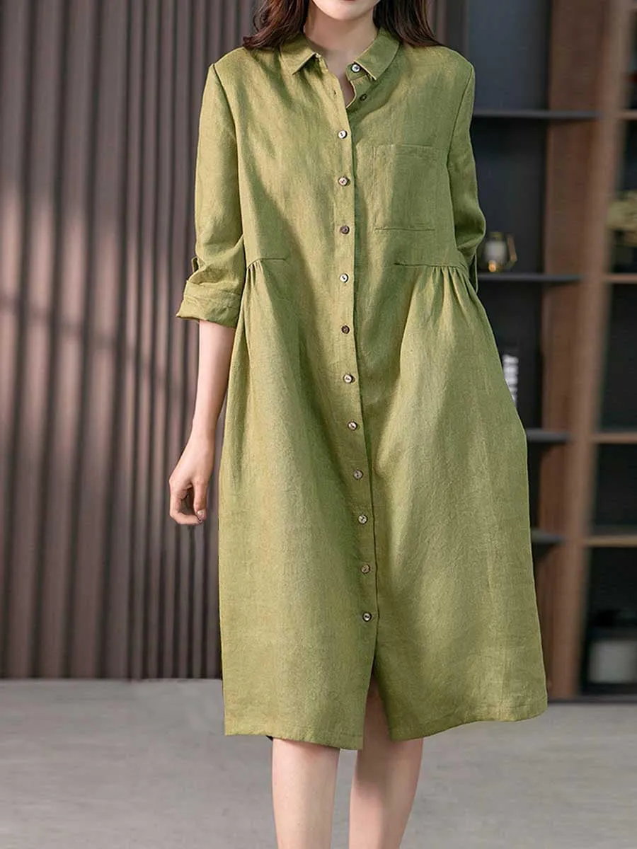 Women Solid Color Shirt Collar Long Sleeves Casual Linen Pocket Dress