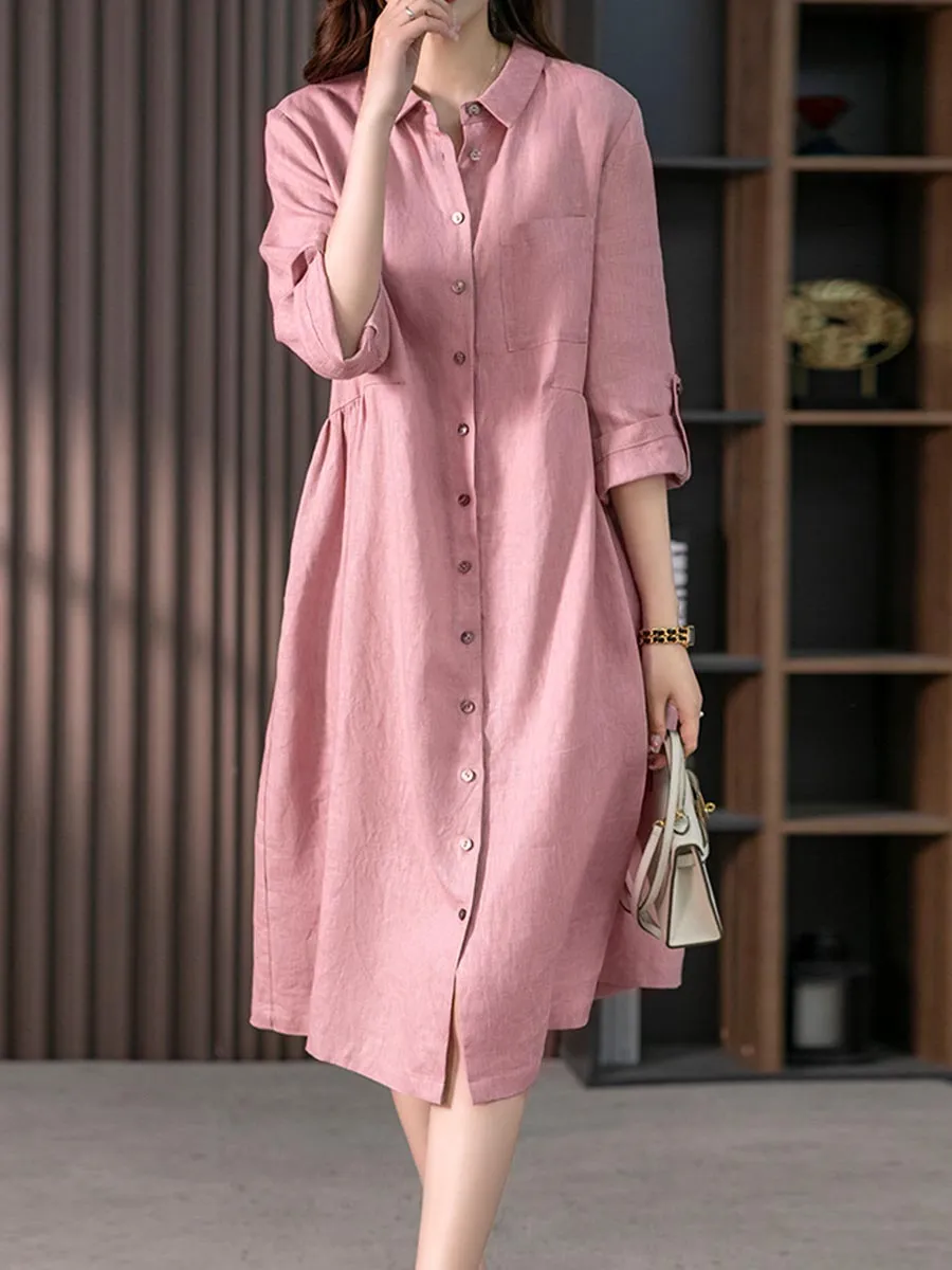 Women Solid Color Shirt Collar Long Sleeves Casual Linen Pocket Dress