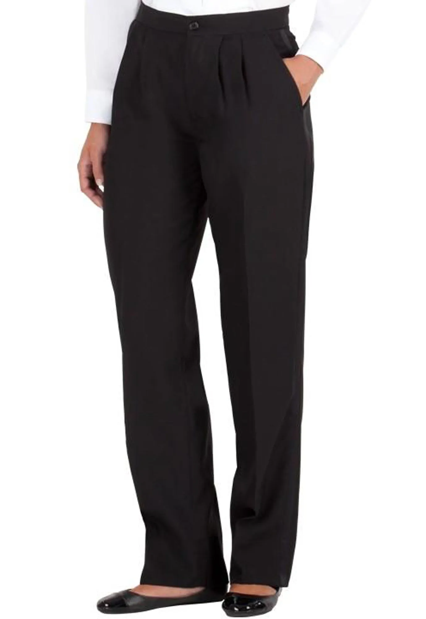 Women's Black, Pleated Front, Comfort-Waist Tuxedo Pants with Satin Stripe