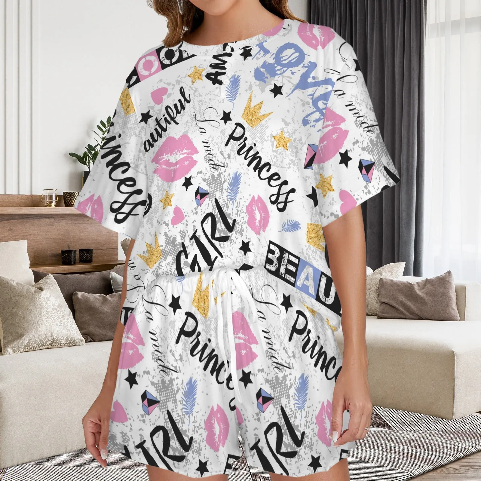 Women's Button String Short Pajama Sets