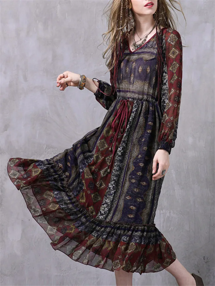 Women's Ethnic Style V-Neck Printed Ruffled Hem Chiffon Dress