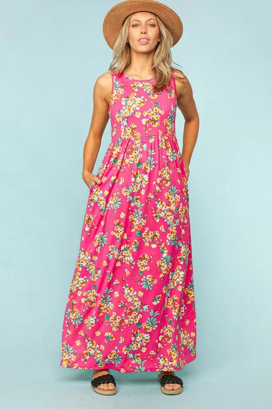 Women's Fushcia Floral Print Maxi Dress with Pockets