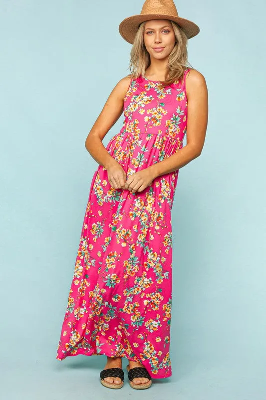 Women's Fushcia Floral Print Maxi Dress with Pockets