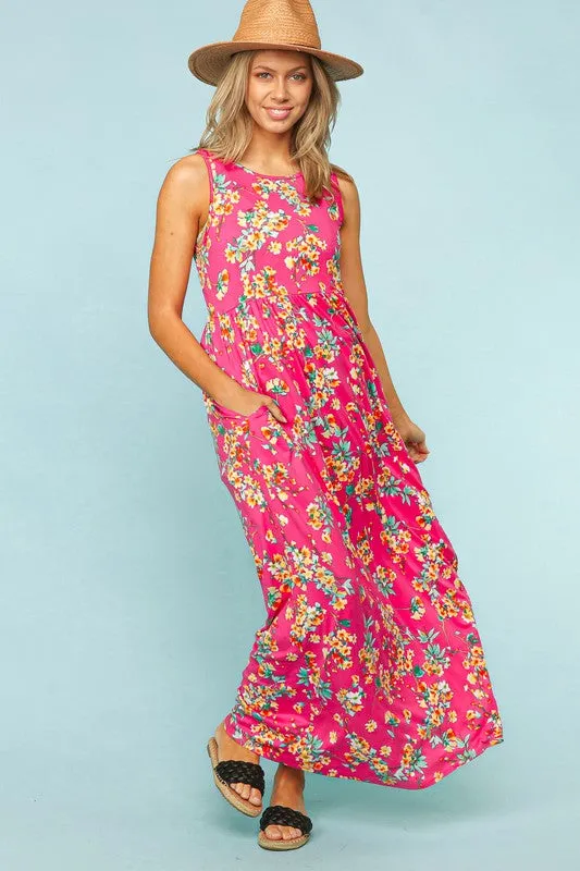 Women's Fushcia Floral Print Maxi Dress with Pockets