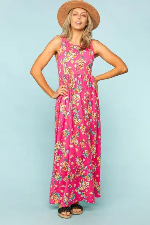 Women's Fushcia Floral Print Maxi Dress with Pockets