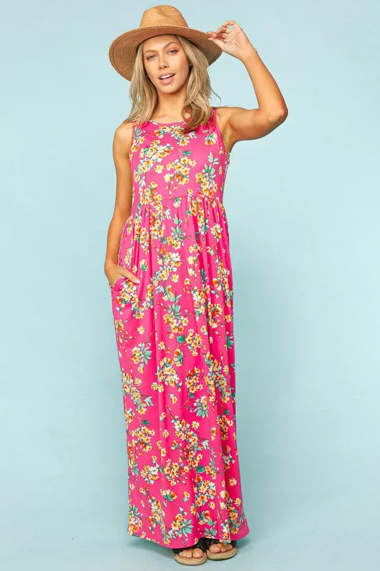 Women's Fushcia Floral Print Maxi Dress with Pockets