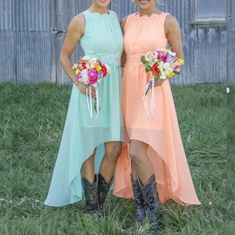 Women's High Low Lace Chiffon Wedding Country Bridesmaid Dresses