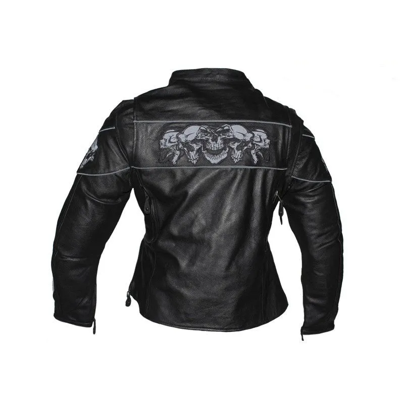 Women's Leather Motorcycle Jacket With Reflective Skulls