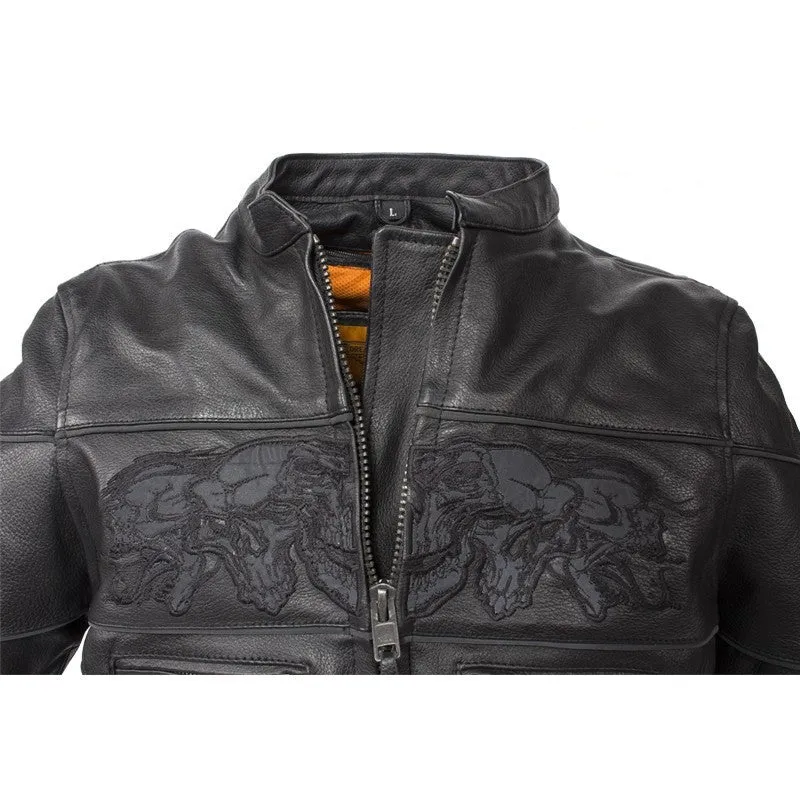 Women's Leather Motorcycle Jacket With Reflective Skulls