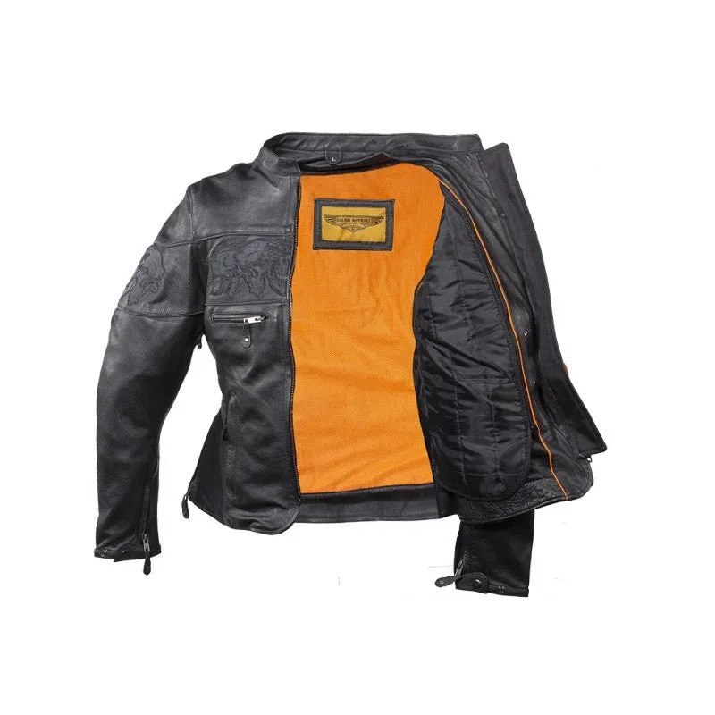 Women's Leather Motorcycle Jacket With Reflective Skulls