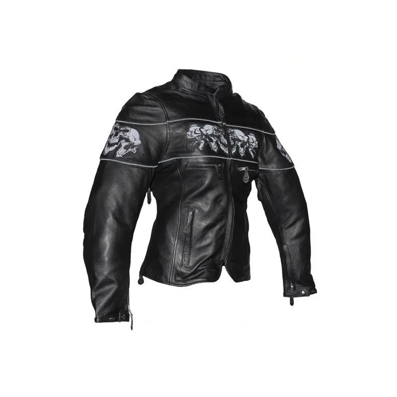 Women's Leather Motorcycle Jacket With Reflective Skulls
