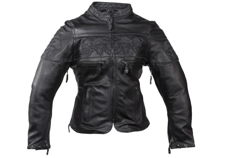 Women's Leather Motorcycle Jacket With Reflective Skulls
