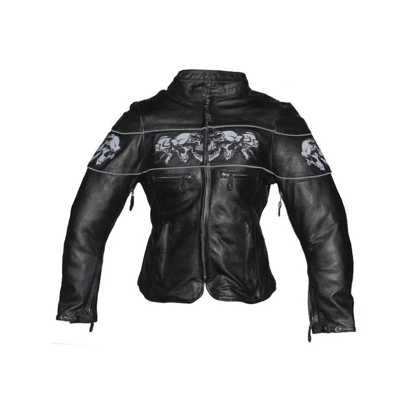 Women's Leather Motorcycle Jacket With Reflective Skulls