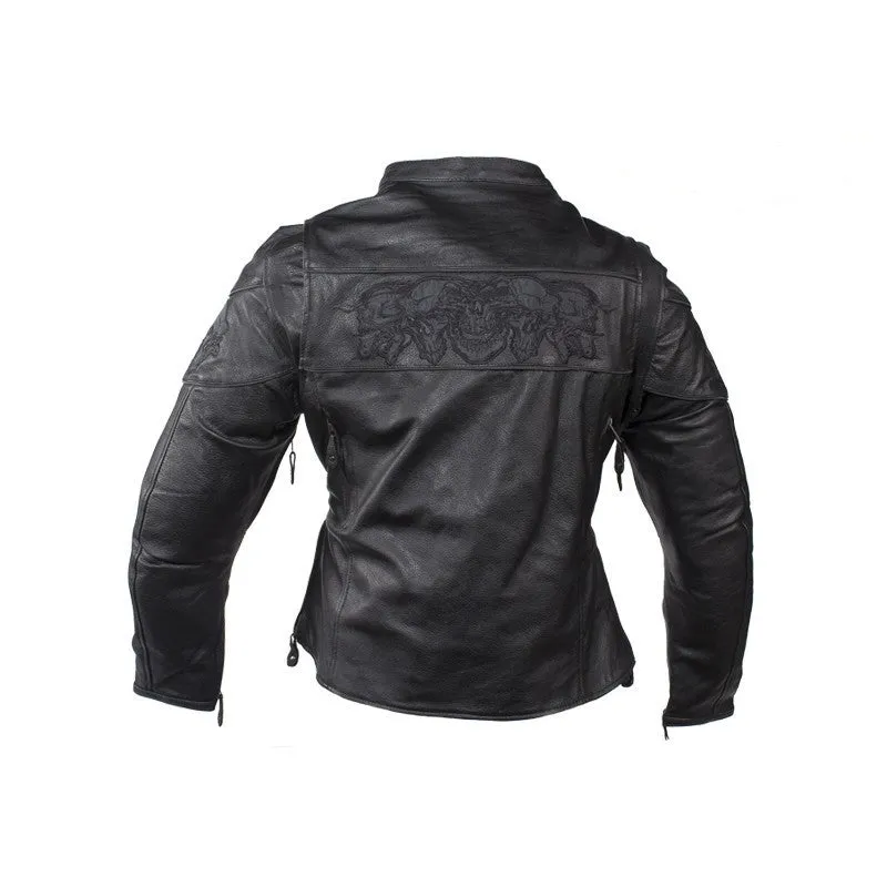 Women's Leather Motorcycle Jacket With Reflective Skulls