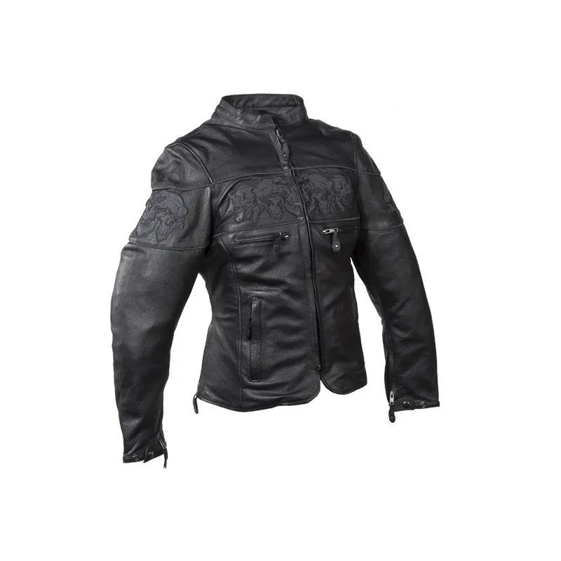 Women's Leather Motorcycle Jacket With Reflective Skulls