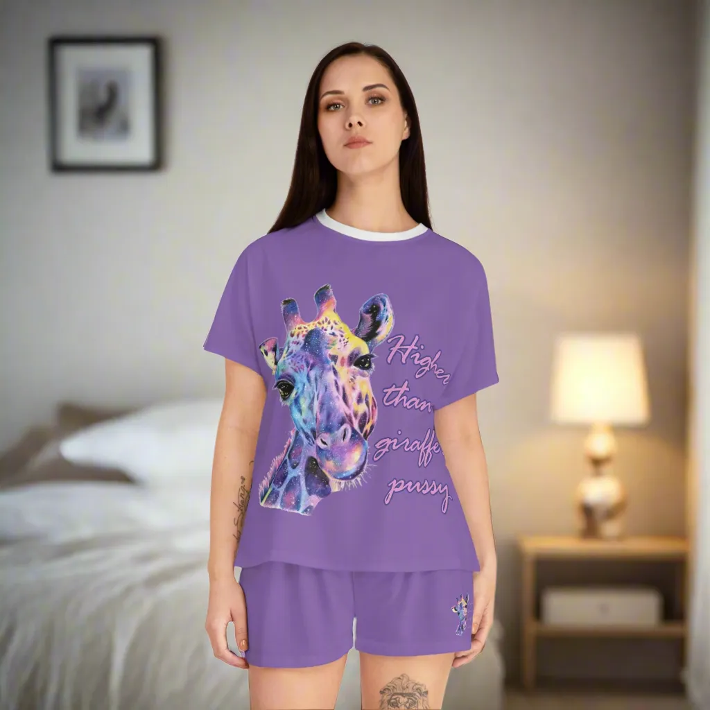 Women's Light Purple & White Giraffe Graphic Design Short Pajama Set