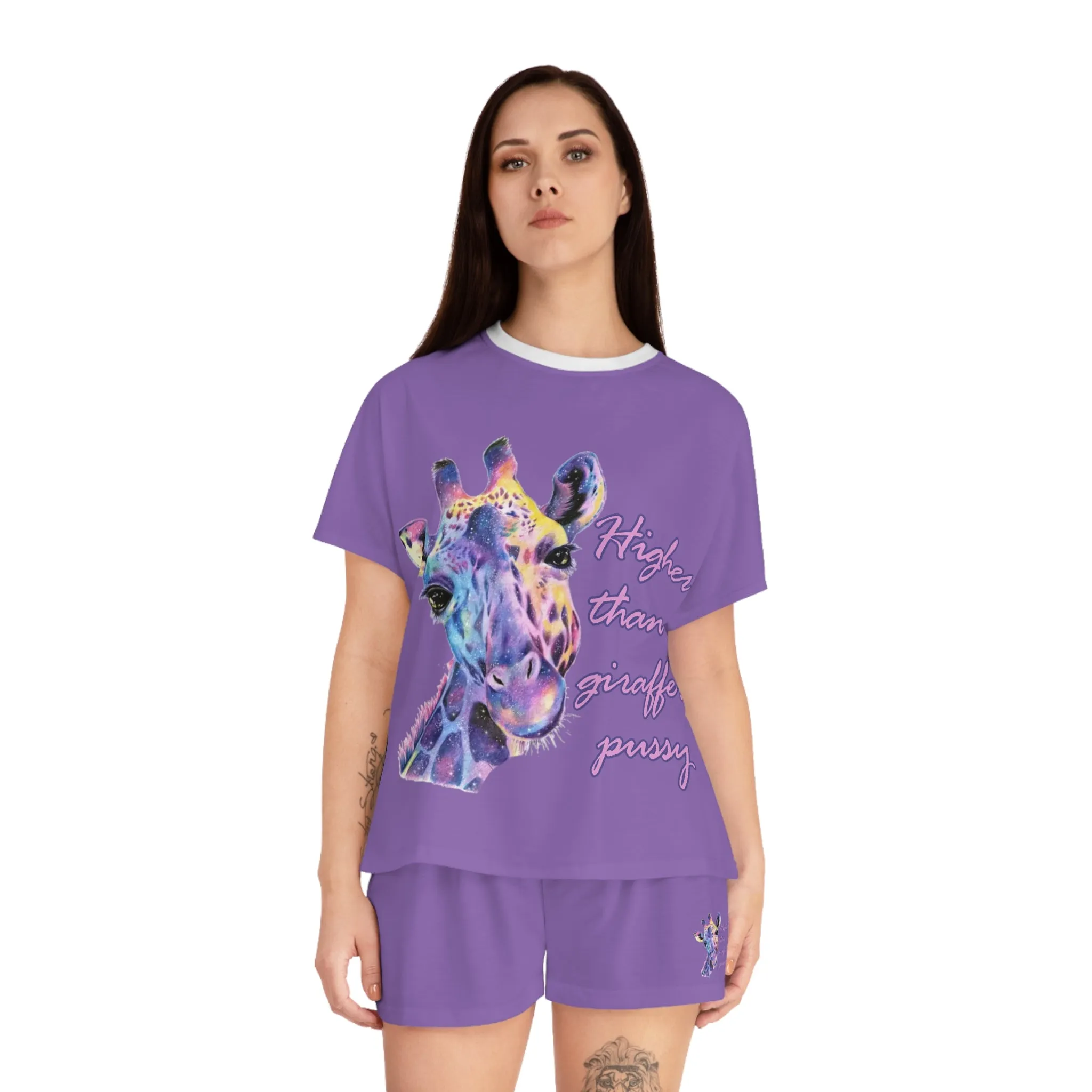 Women's Light Purple & White Giraffe Graphic Design Short Pajama Set