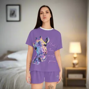 Women's Light Purple & White Giraffe Graphic Design Short Pajama Set
