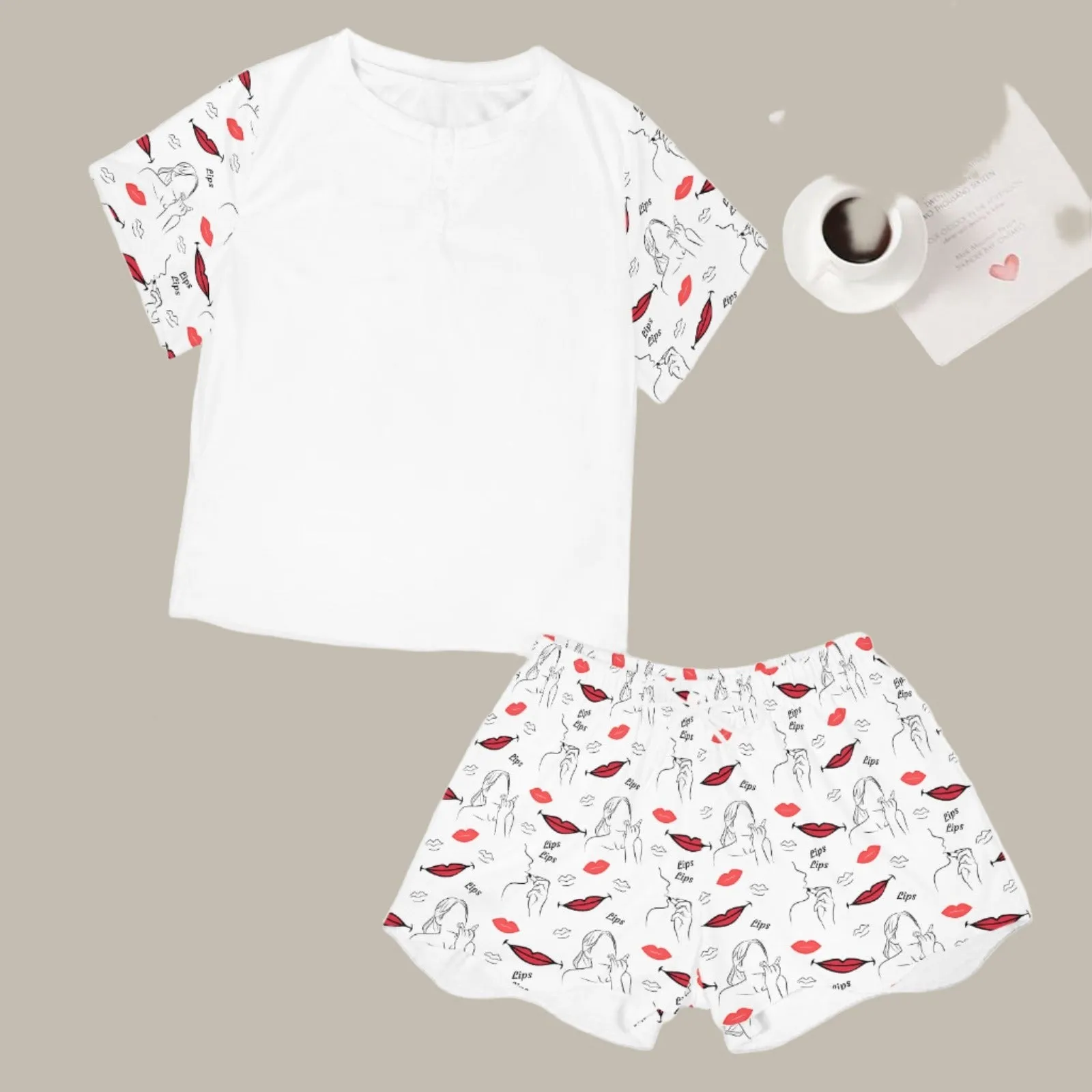 Women's Lips Lipstick All-over Print Two Piece Set Shorts and T-shirt Short Sleeve Loungewear Pyjamas