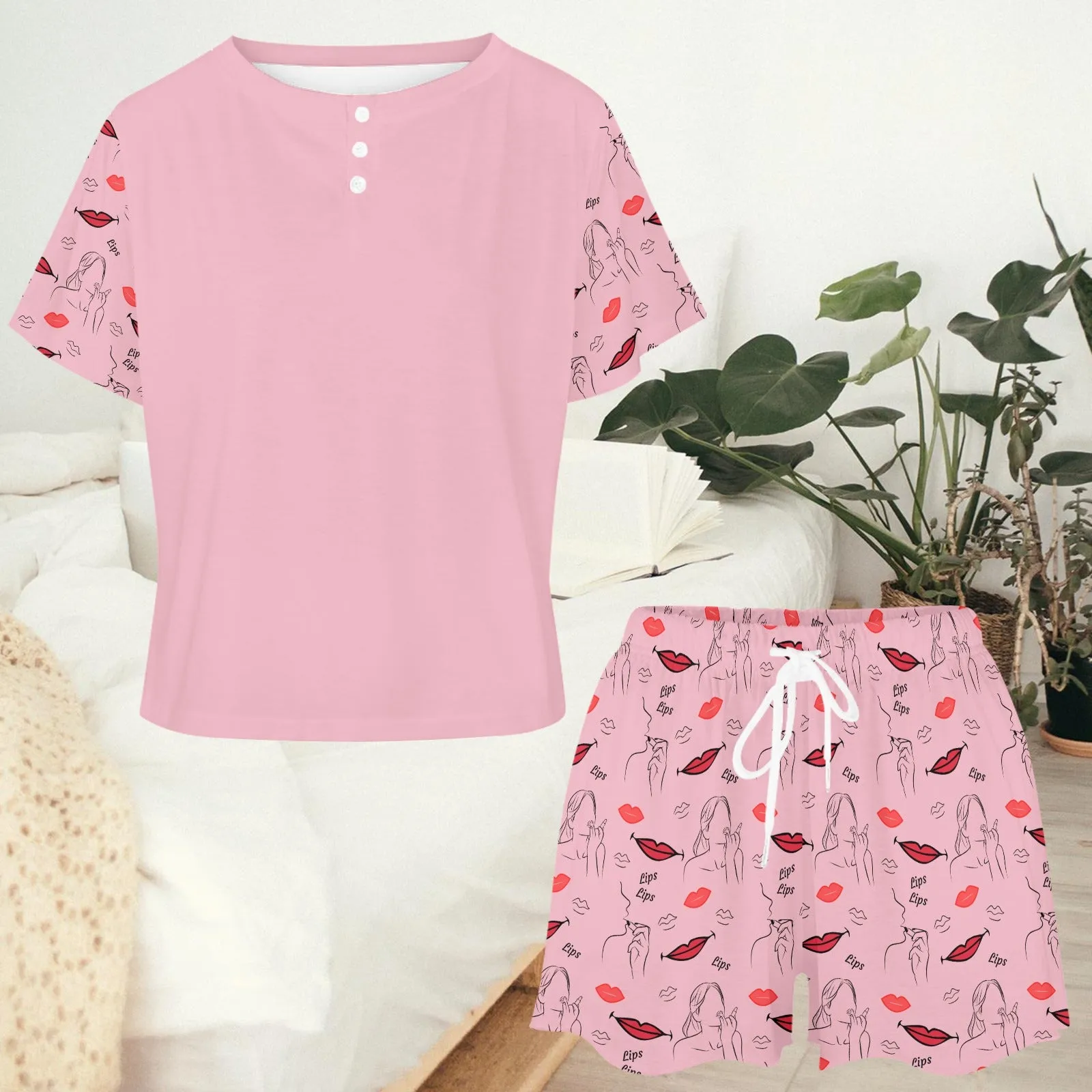 Women's Lips Lipstick All-over Print Two Piece Set Shorts and T-shirt Short Sleeve Loungewear Pyjamas