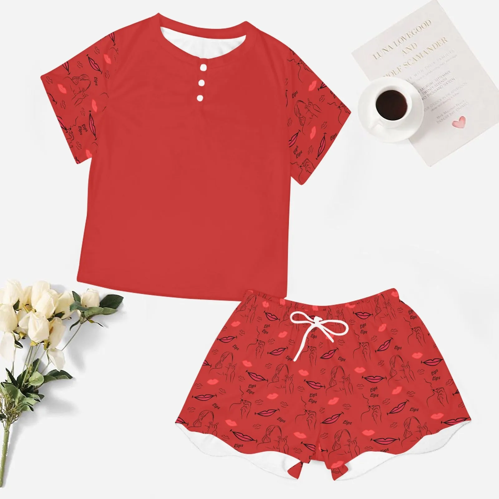 Women's Lips Lipstick All-over Print Two Piece Set Shorts and T-shirt Short Sleeve Loungewear Pyjamas