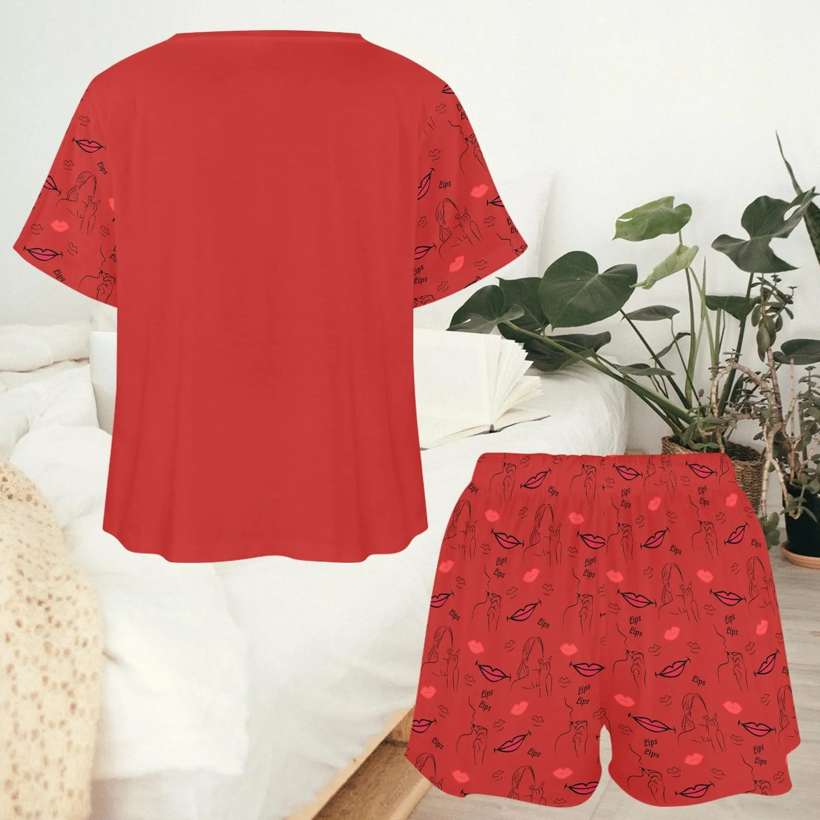 Women's Lips Lipstick All-over Print Two Piece Set Shorts and T-shirt Short Sleeve Loungewear Pyjamas