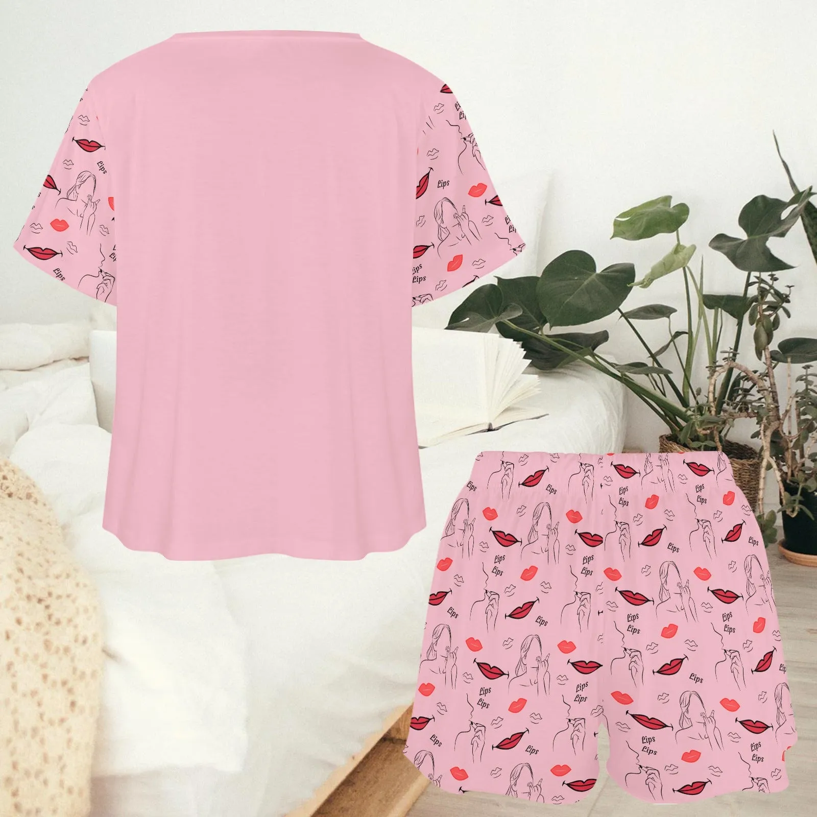 Women's Lips Lipstick All-over Print Two Piece Set Shorts and T-shirt Short Sleeve Loungewear Pyjamas
