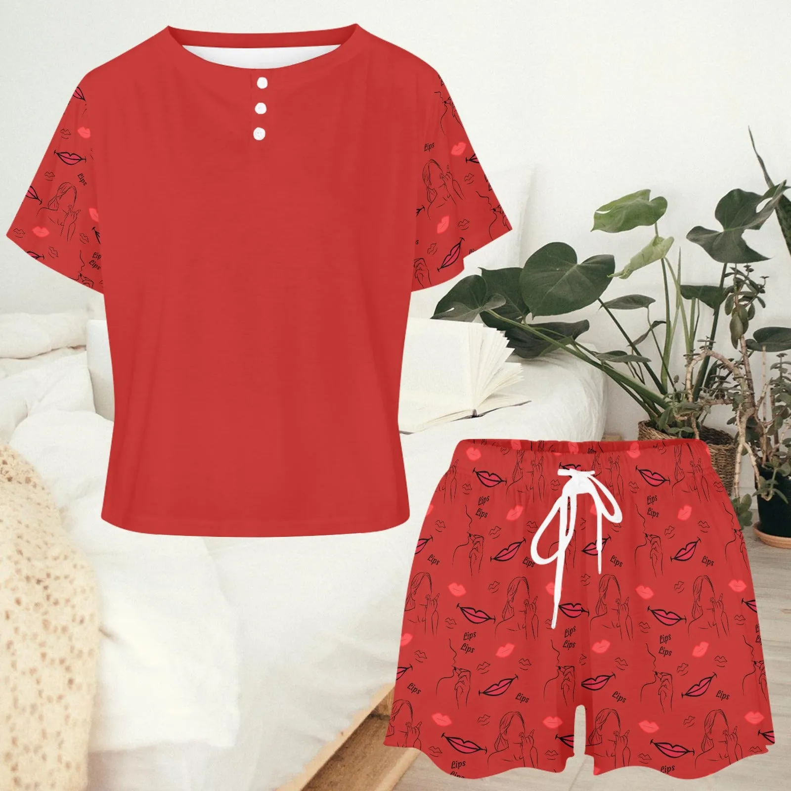 Women's Lips Lipstick All-over Print Two Piece Set Shorts and T-shirt Short Sleeve Loungewear Pyjamas