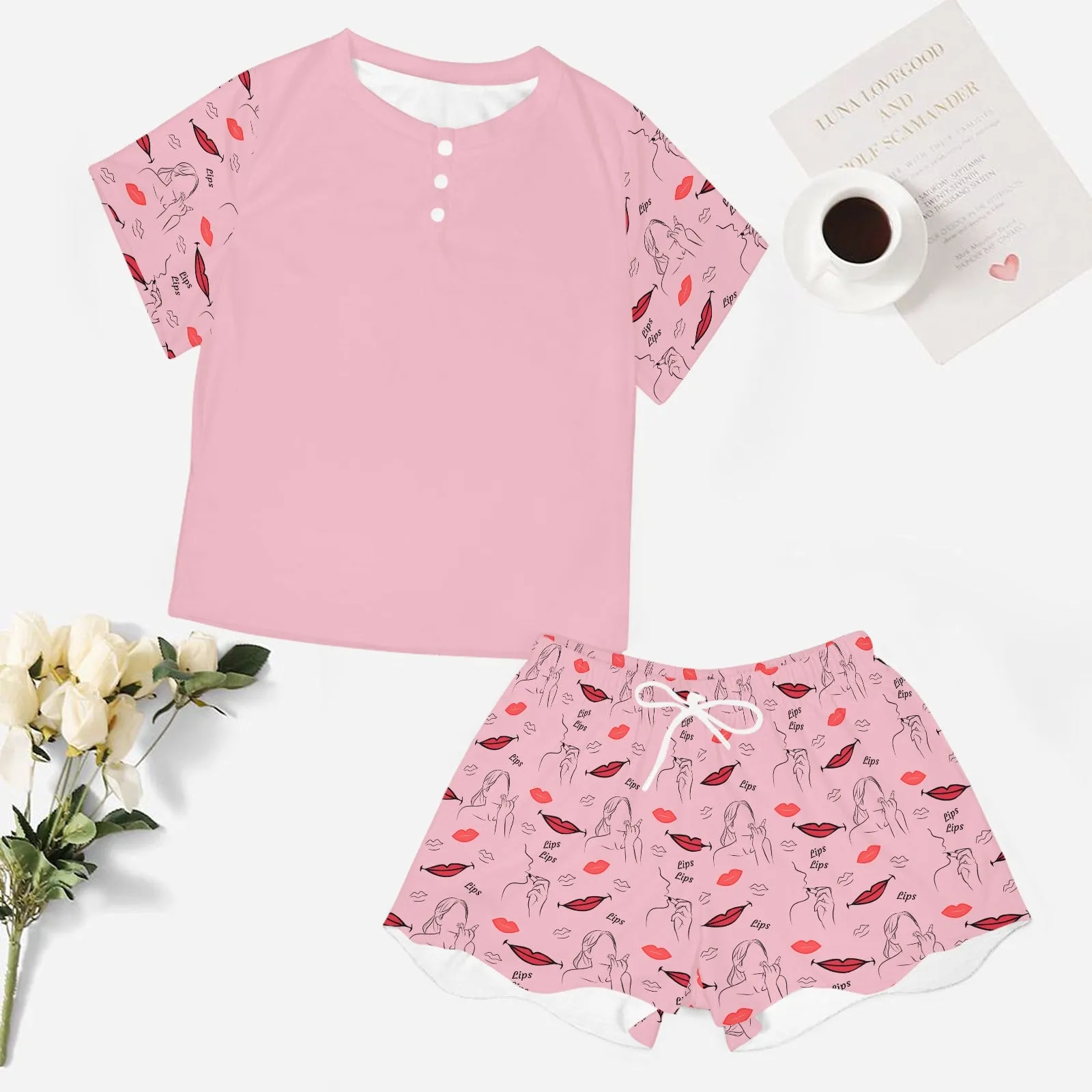 Women's Lips Lipstick All-over Print Two Piece Set Shorts and T-shirt Short Sleeve Loungewear Pyjamas