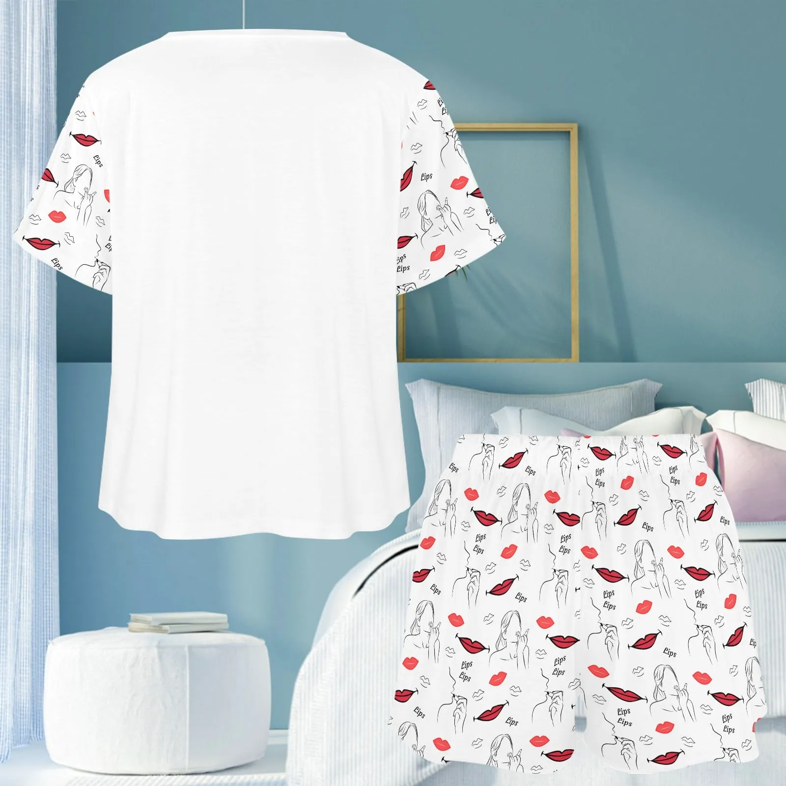 Women's Lips Lipstick All-over Print Two Piece Set Shorts and T-shirt Short Sleeve Loungewear Pyjamas