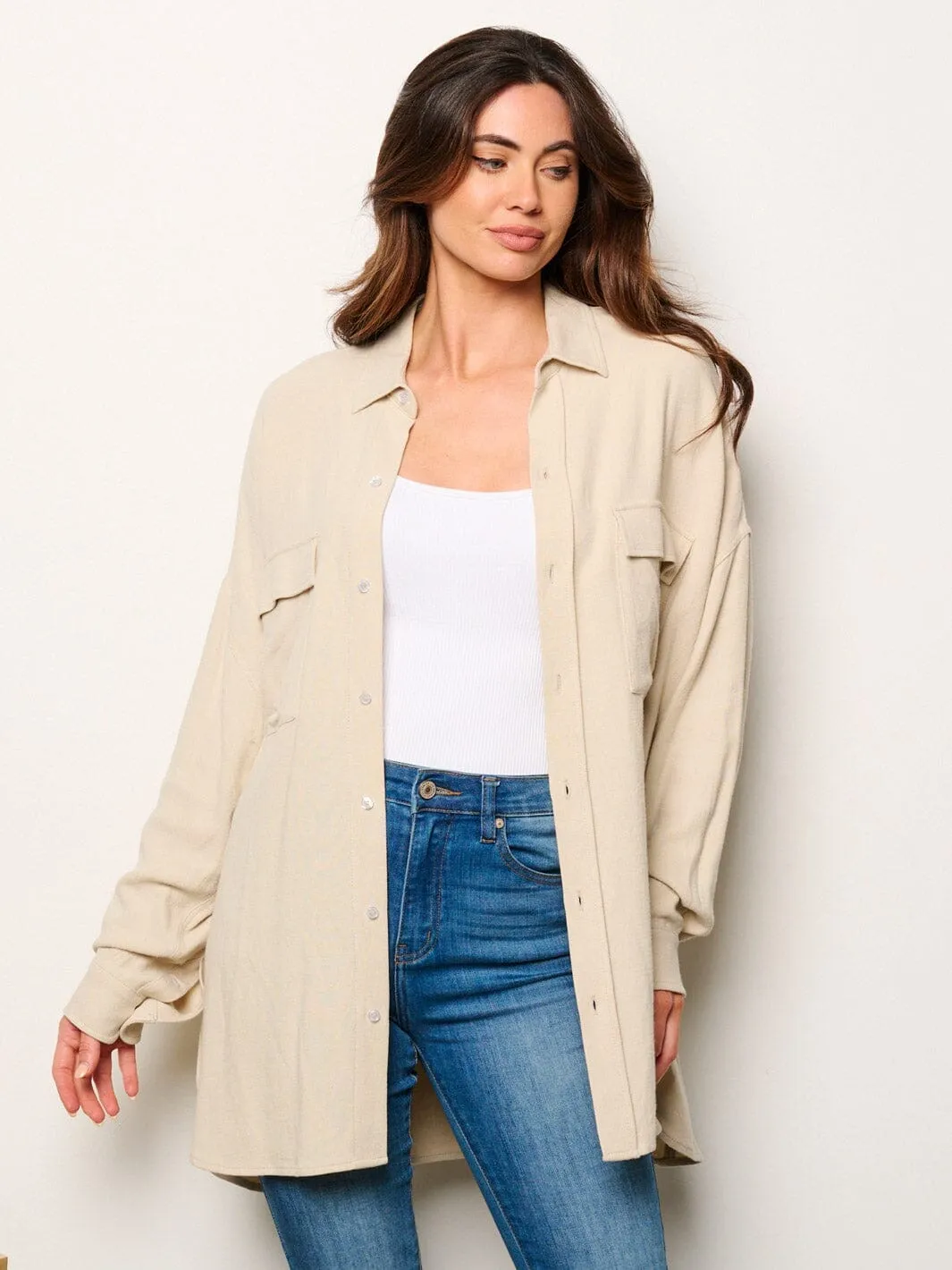 WOMEN'S LONG SLEEVE BUTTON UP FRONT POCKETS OVERSIZED SHIRT