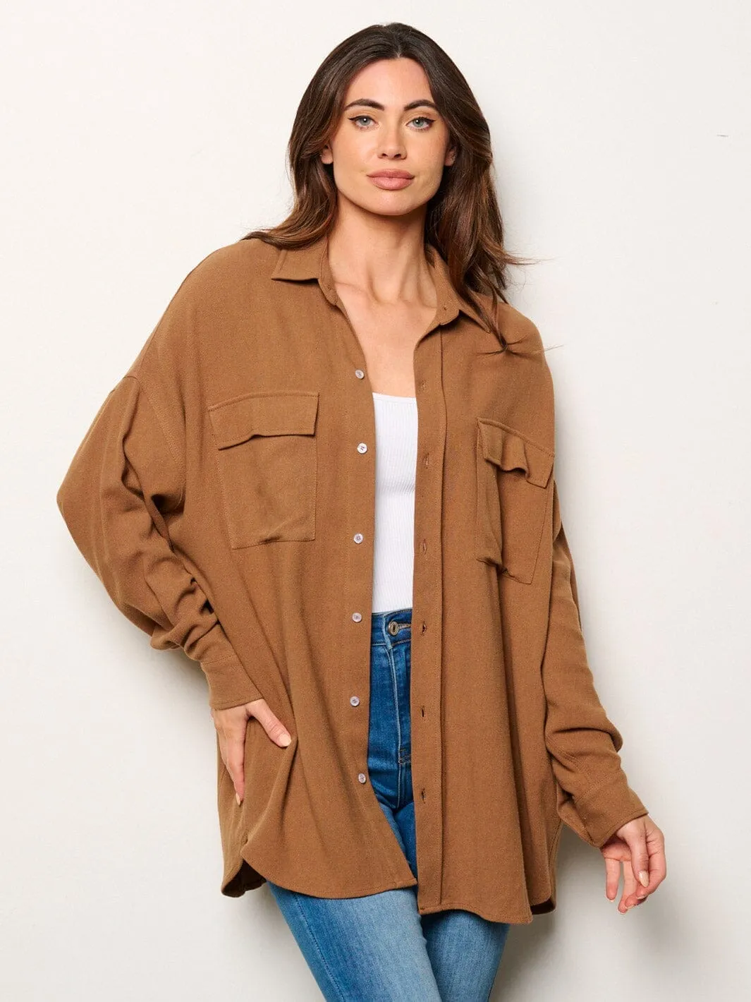 WOMEN'S LONG SLEEVE BUTTON UP FRONT POCKETS OVERSIZED SHIRT