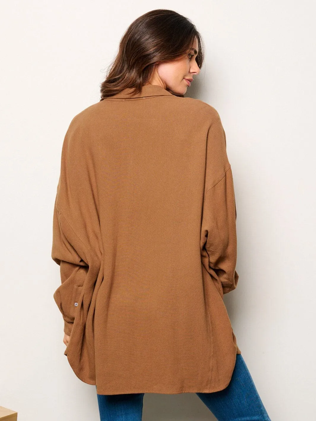 WOMEN'S LONG SLEEVE BUTTON UP FRONT POCKETS OVERSIZED SHIRT