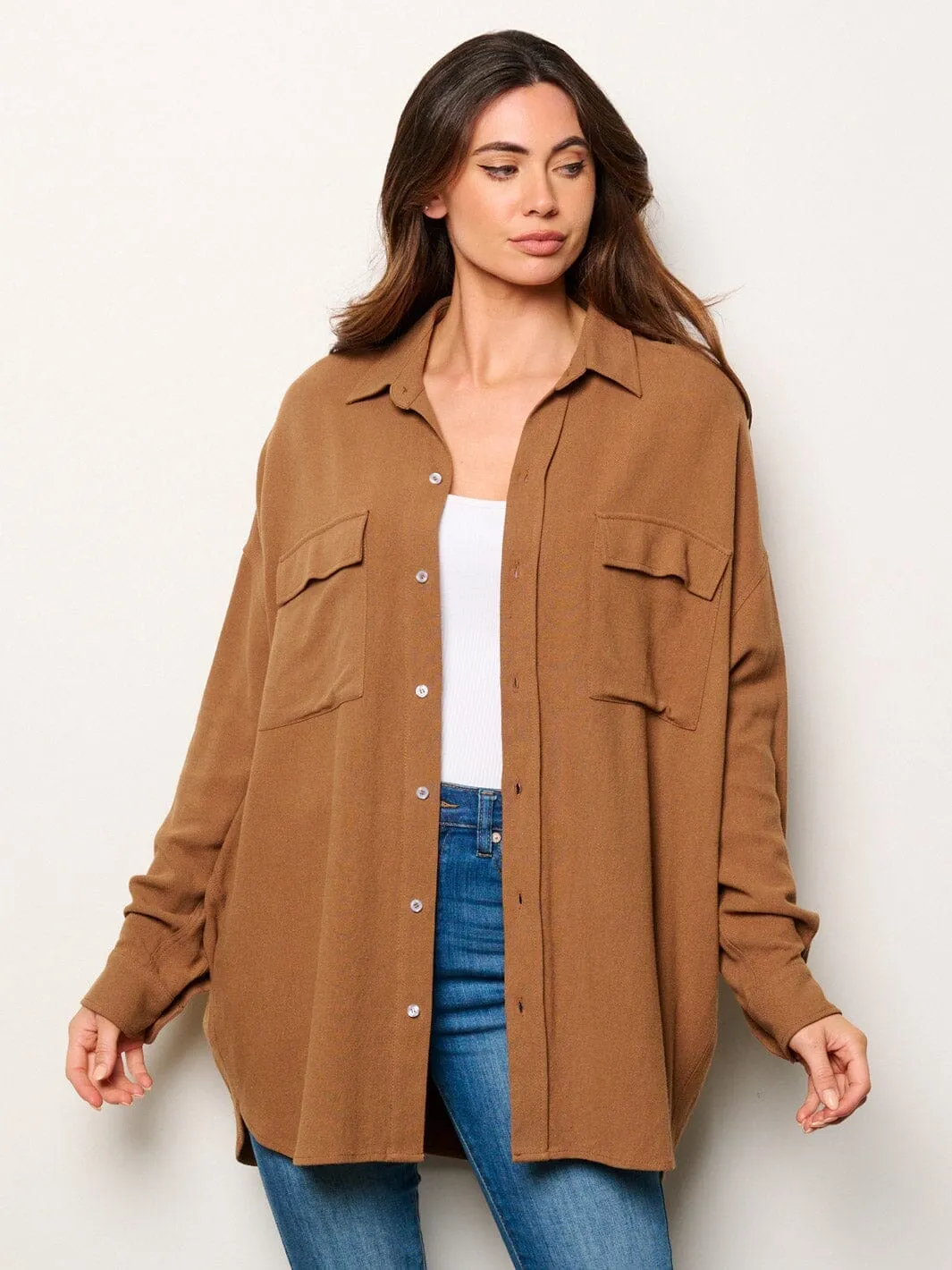 WOMEN'S LONG SLEEVE BUTTON UP FRONT POCKETS OVERSIZED SHIRT