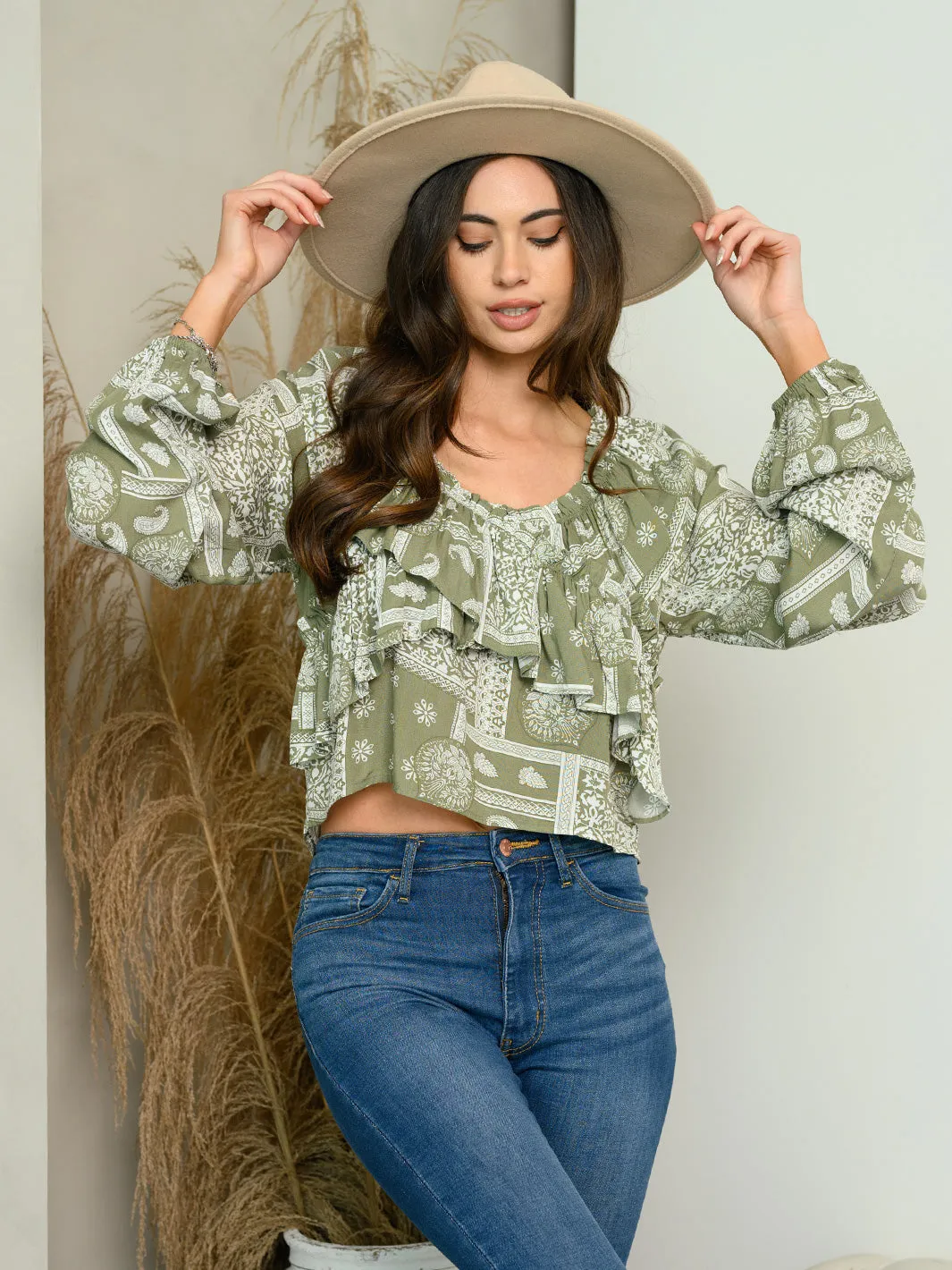 WOMEN'S LONG SLEEVE PAISLEY PRINT RUFFLE TOP