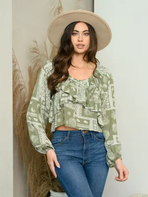 WOMEN'S LONG SLEEVE PAISLEY PRINT RUFFLE TOP
