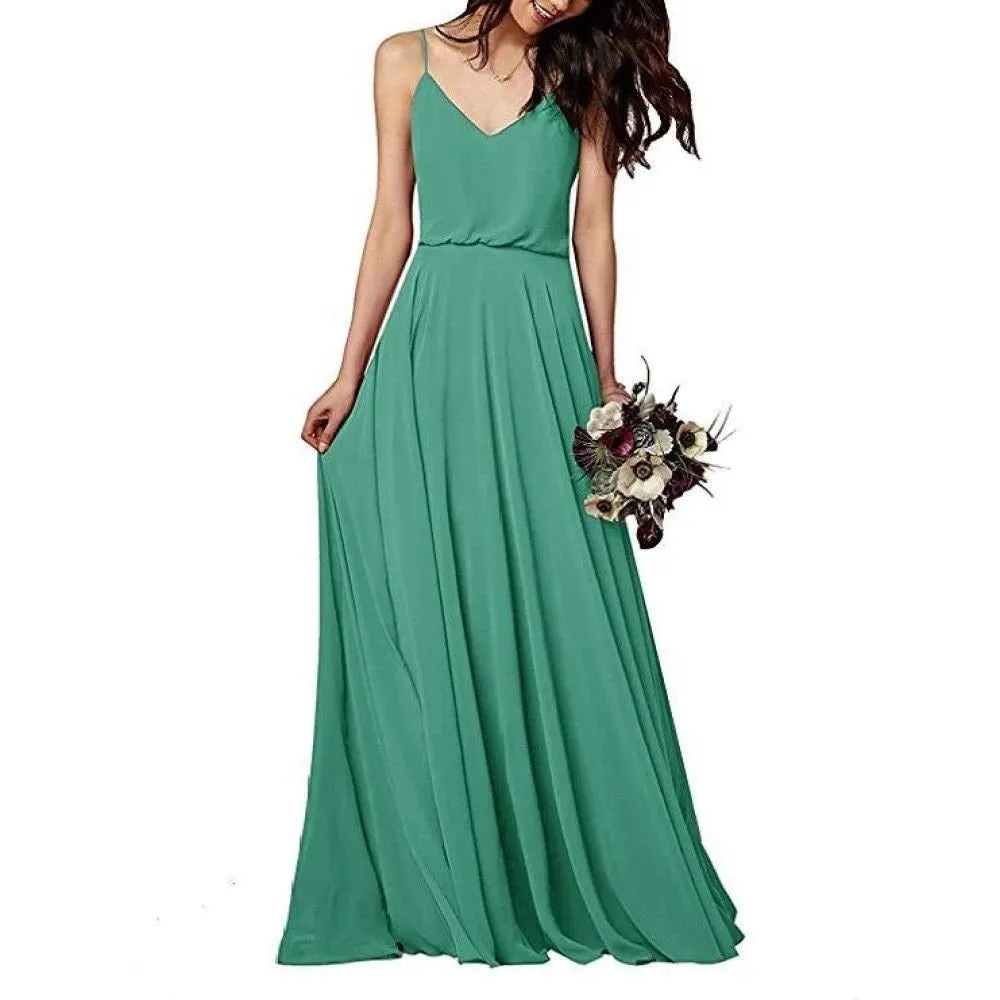 Women's Long Spaghetti Straps Prom Dress Chiffon Bridesmaid Dresses