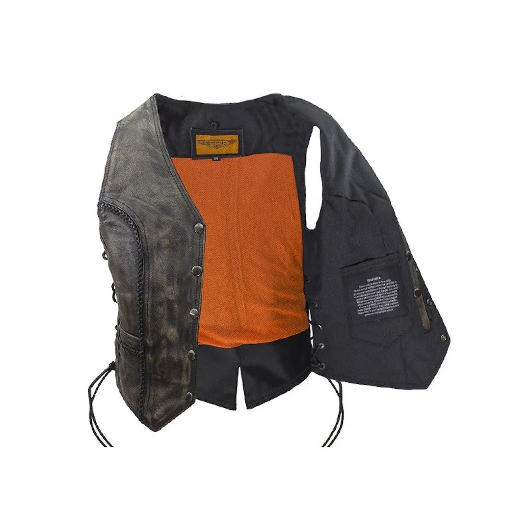 Womens Longer Cut Distressed Brown Cowhide Leather Motorcycle Vest